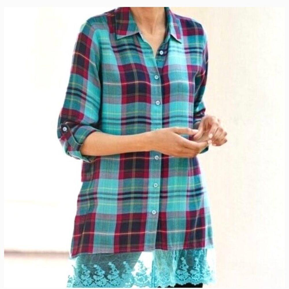 Soft Surroundings M Adeline Button Down Plaid Turquoise Lace Hem Tunic